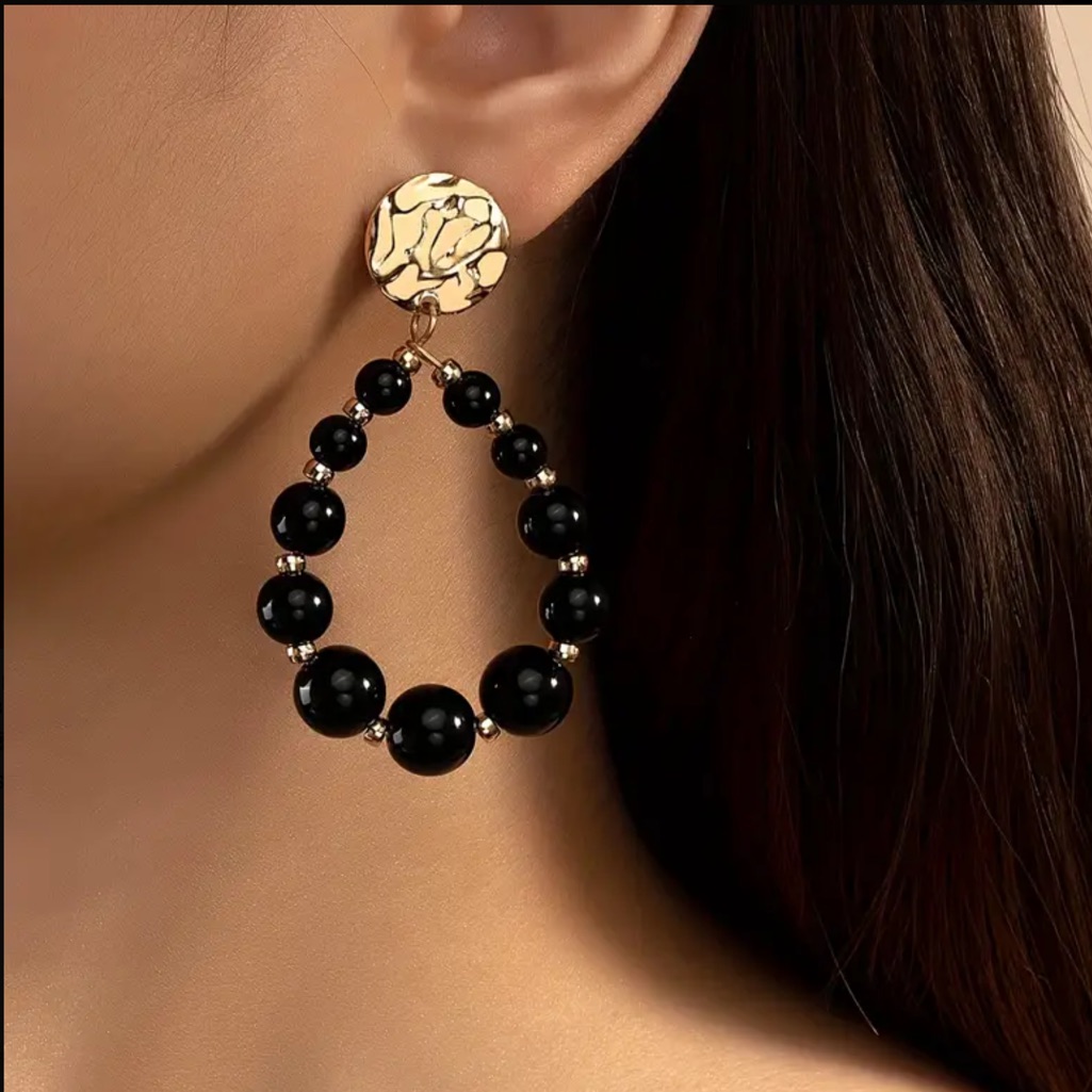 Trendy Black & Goldtone Beaded Water Drop Style Post Back Drop Earrings